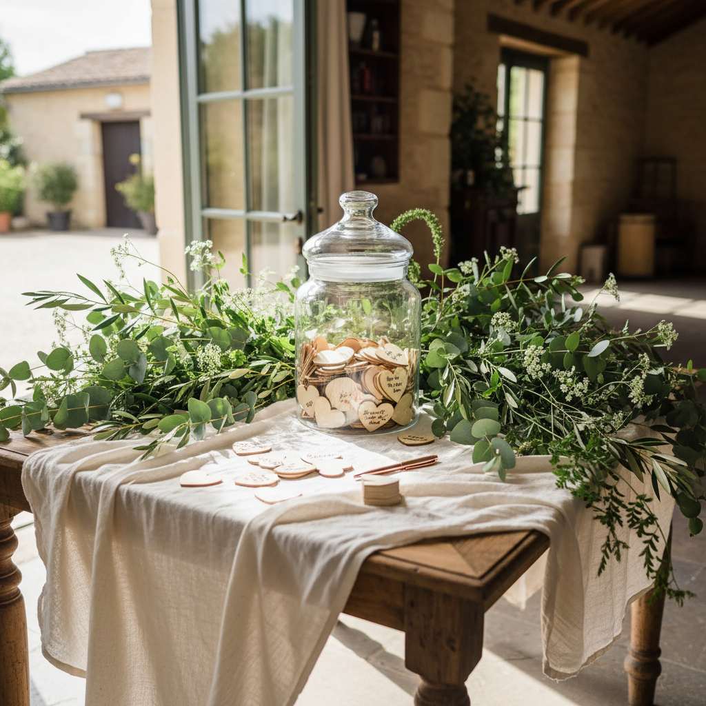 Wooden Heart Guest Book Station with Greenery