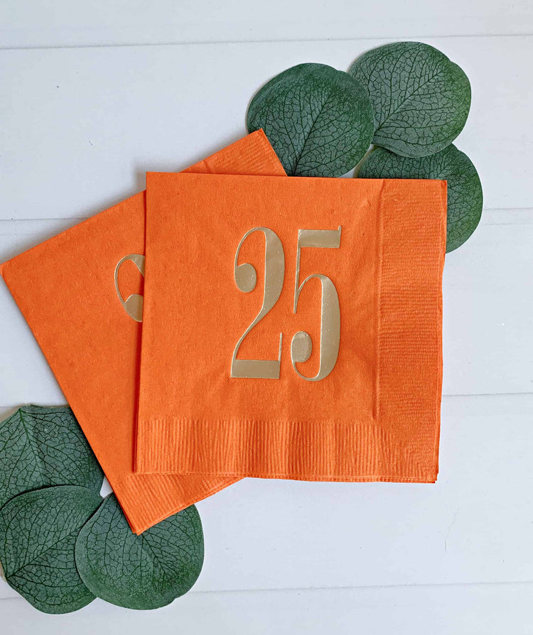 25 orange and gold cocktail napkins for a 25th birthday party