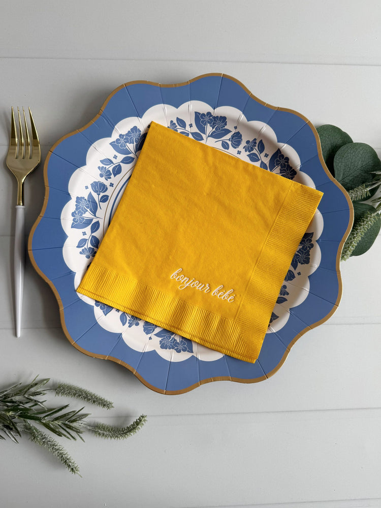 Say bonjour bébé in the sweetest way with our charming Yellow Bonjour Bébé Luncheon Napkins – the perfect addition to your baby shower, baby sprinkle, or gender reveal celebration. Featuring the French phrase for “hello baby,” these soft yellow napkins br