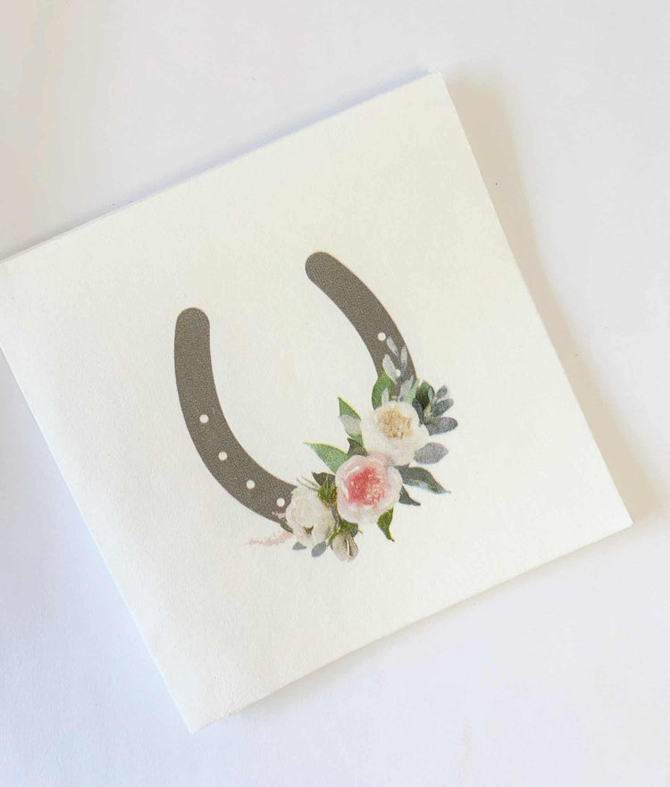Kentucky Derby Horseshoe Cocktail Napkins with Ivory and Blush watercolor roses