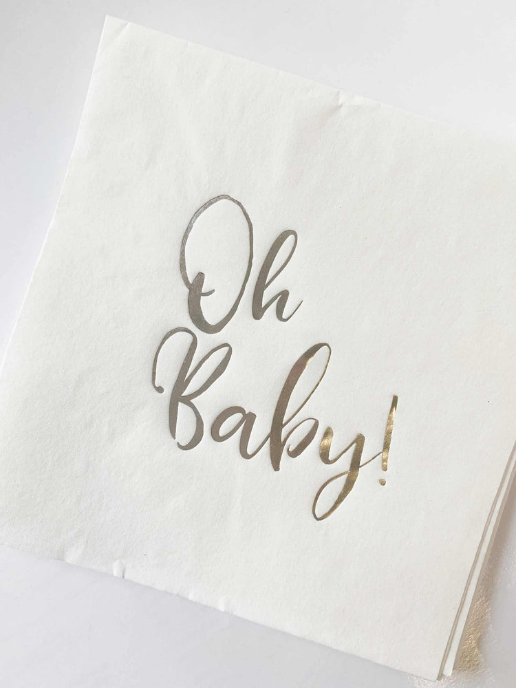 Silver Oh Baby Luncheon Napkins with an elegant Oh Baby script in silver foil.