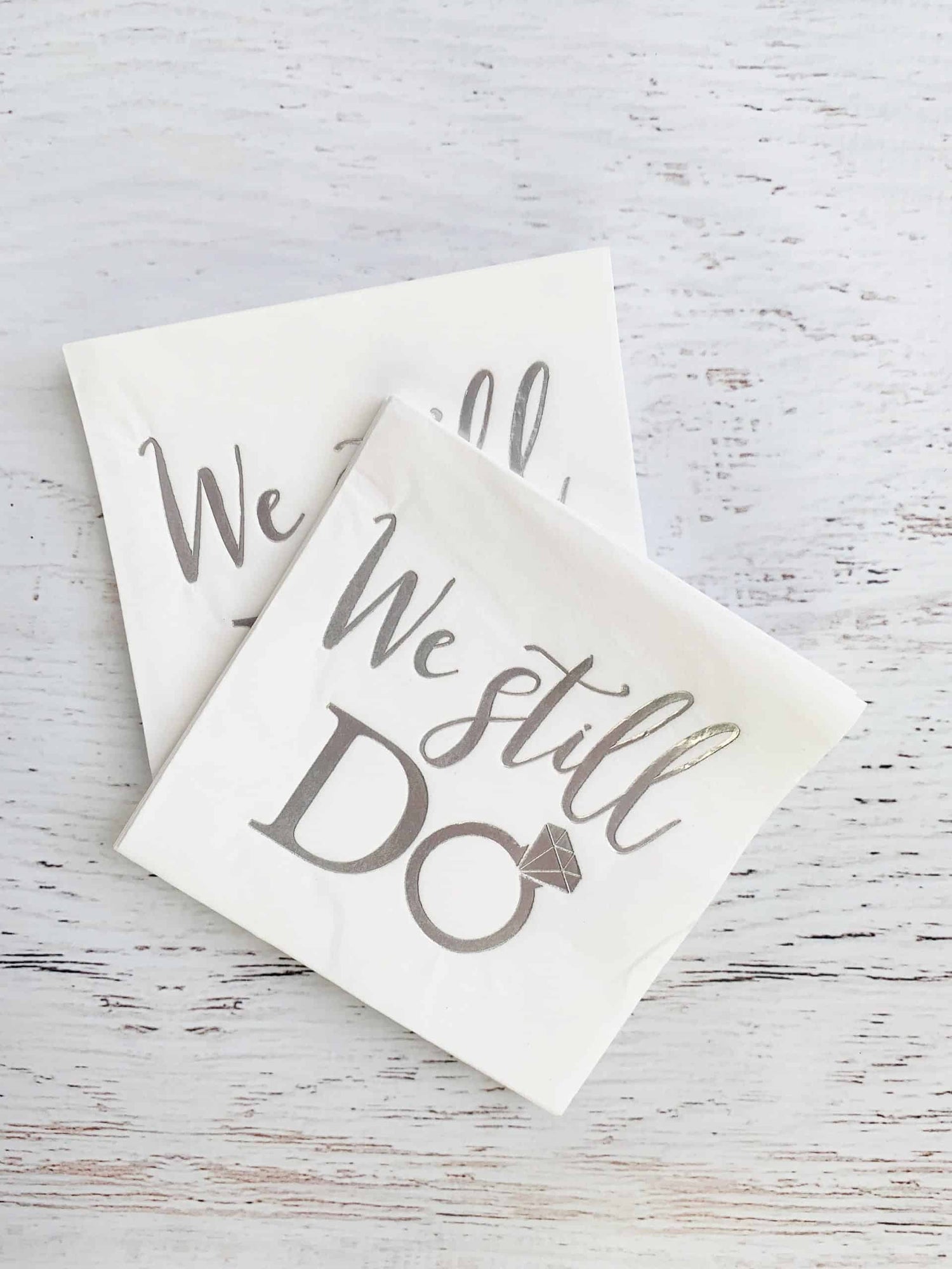 We Still Do Anniversary napkins with silver foil - perfect for a 25th wedding anniversary