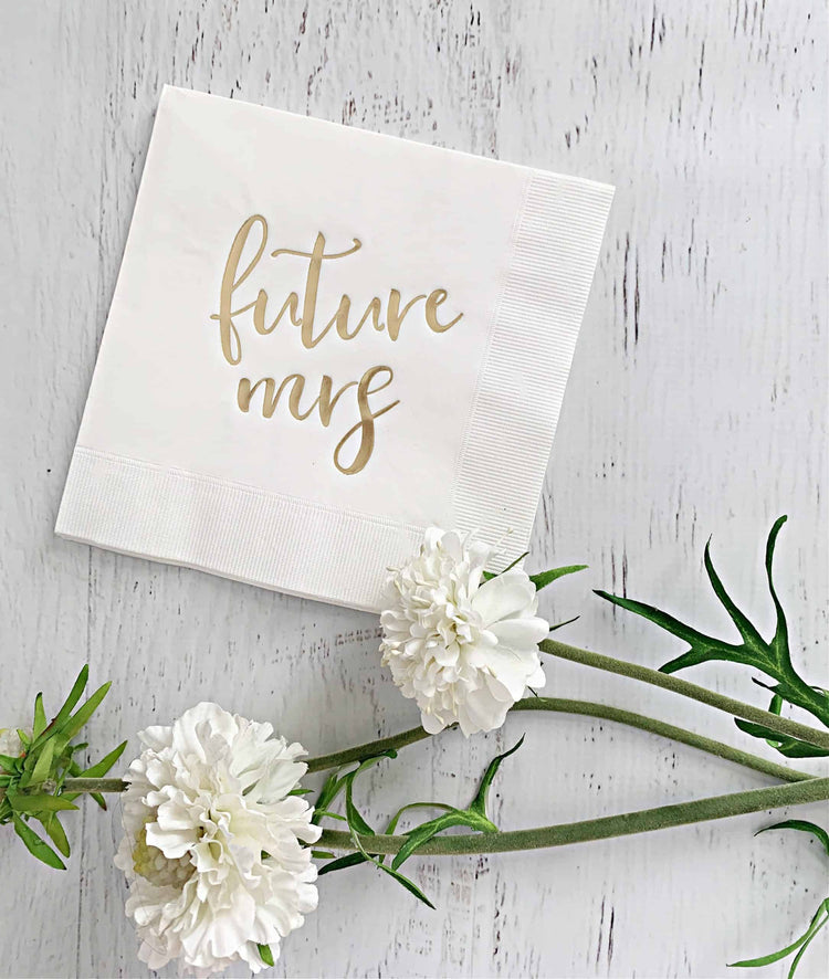 Future Mrs Bridal Shower luncheon napkins - white napkins with gold script font
