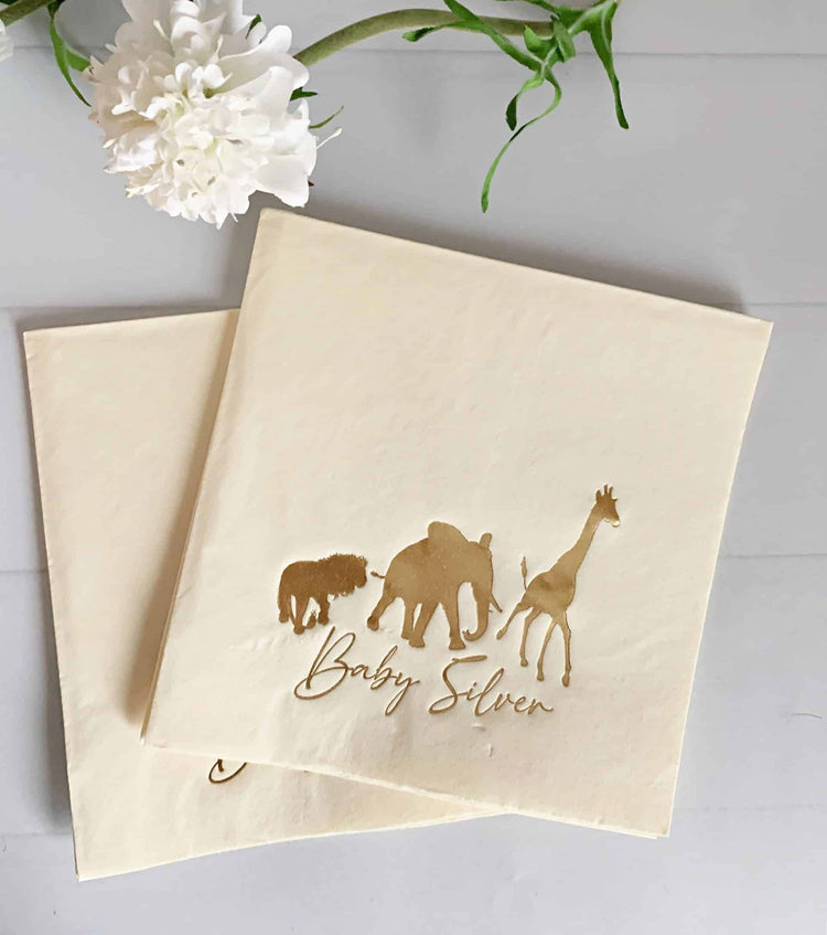 Personalized Safari Luncheon Napkins in Ivory with Gold Safari Animals and the baby's name