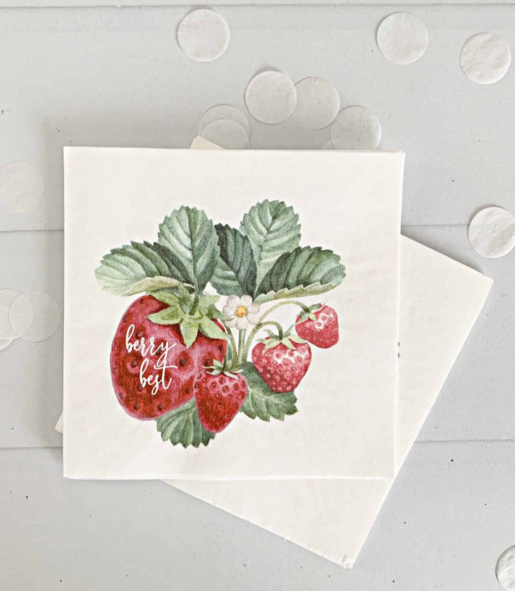 A stack of beautifully designed "Berry Best One" watercolor strawberry cocktail napkins in shades of pink and red, perfect for a first birthday party or summer celebration. The napkins feature a whimsical strawberry design and the text "Berry Best One" in