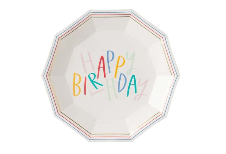 Happy Birthday Plates with a fun colorful font perfect for adult and kids parties.