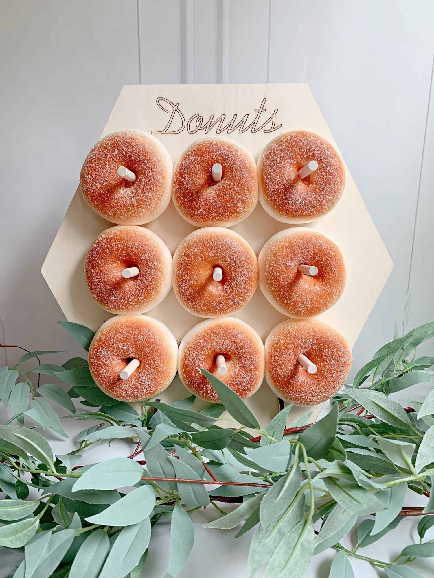 Wooden HOneycomb Style Fall Donut Wall to display your food for serving in style - the perfect accent to your table display of food.
