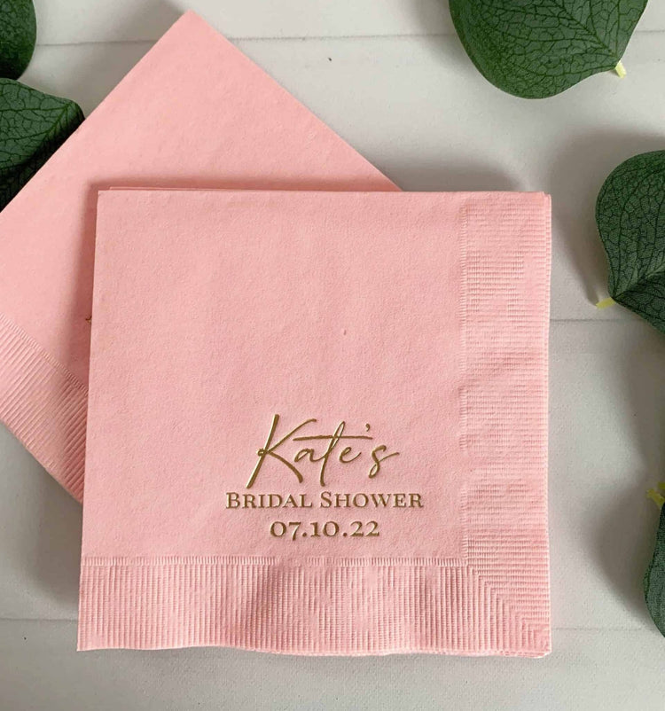 Personalize bridal shower with cocktail napkins. Bride's name & date. 50 min. Gold foil print. #BridalShowerNapkins #Personalized #EnFete.