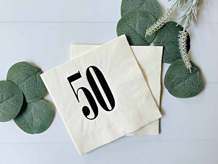 50th birthday napkins in ivory with sharp retro numbers - perfect for a husband's 50th birthday celebration