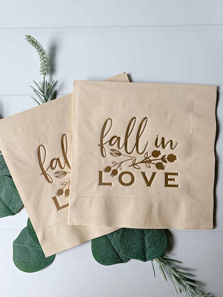 Fall in love tan napkins for an autumn bridal shower. Find matching party supplies for your fall wedding shower with EnFete.