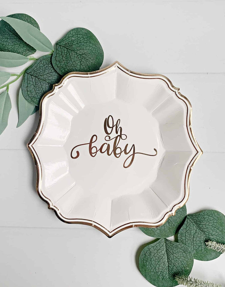 Celebrate dessert in style with our oh baby white and gold-edged dessert and cake plates . They are the perfect size for cake or dessert. Use for a baby shower or gender reveal.