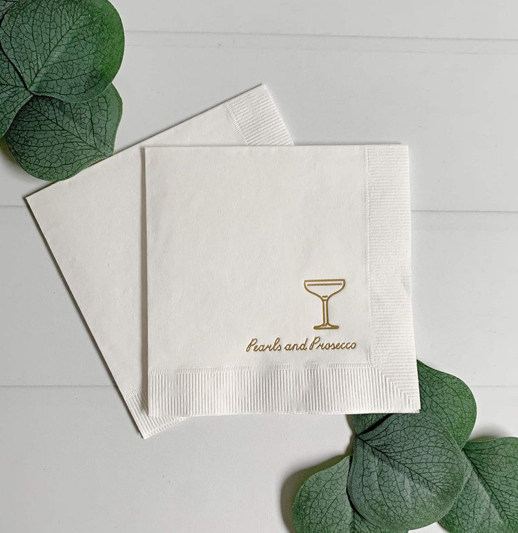 Introducing our "Pearls and Prosecco" Bridal Shower and Bachelorette Cocktail Napkins, the epitome of elegance and sophistication for your pre-wedding celebrations.