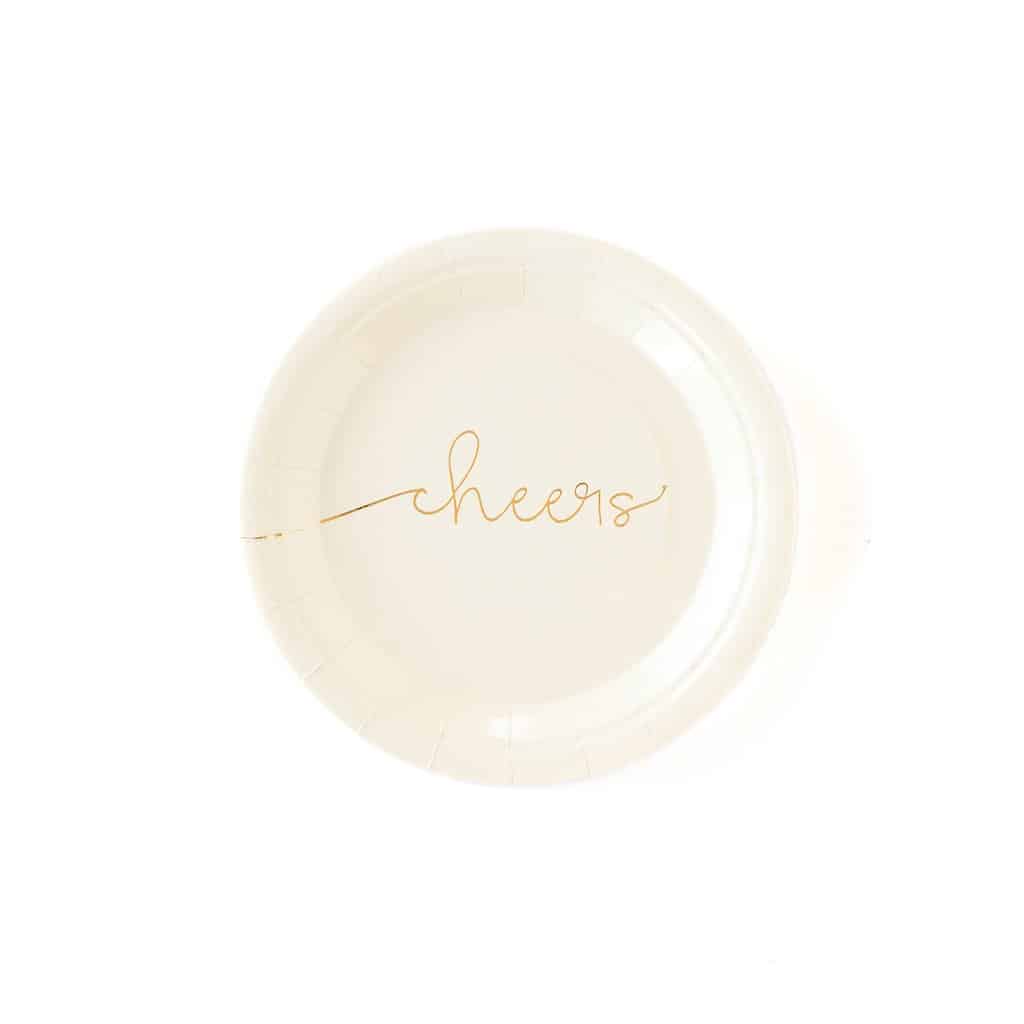 Cheers cake plates in ivory with gold script cheers. Perfect for retirements, engagement party, anniversaries and more.