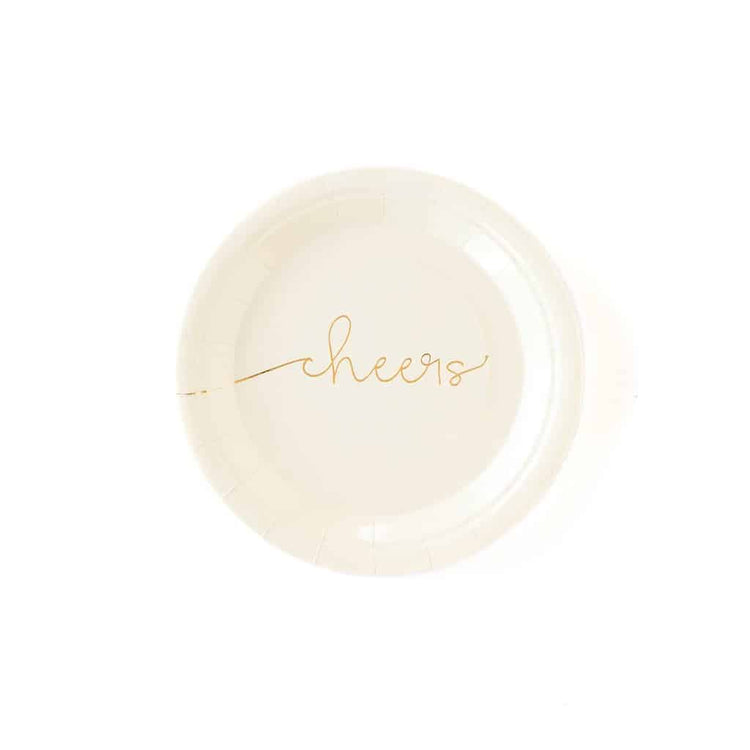 Cheers cake plates in ivory with gold script cheers. Perfect for retirements, engagement party, anniversaries and more.
