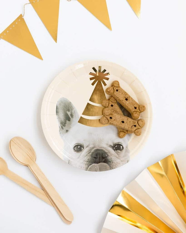Dog birthday plates in gold