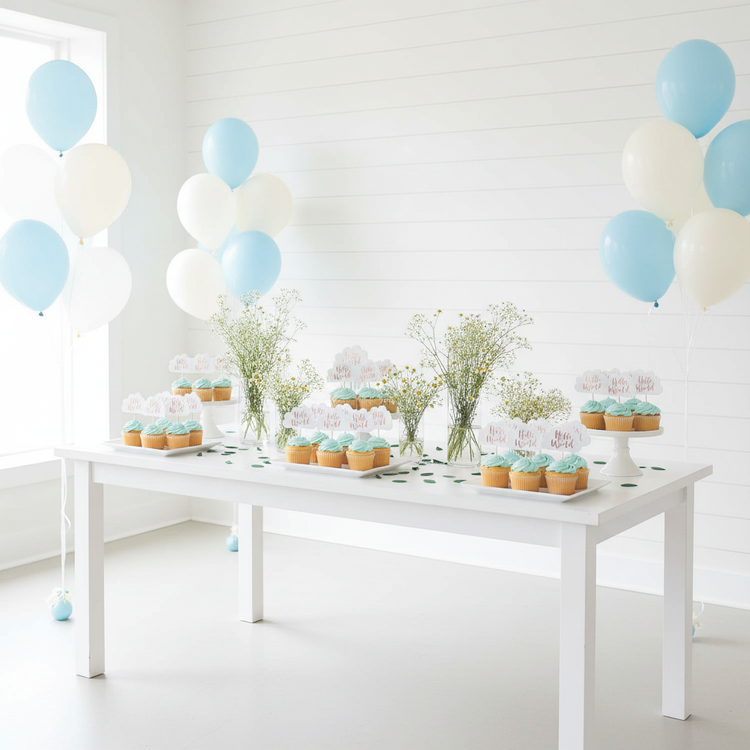 Hello World Cupcake topper for a gender neutral baby shower in mint