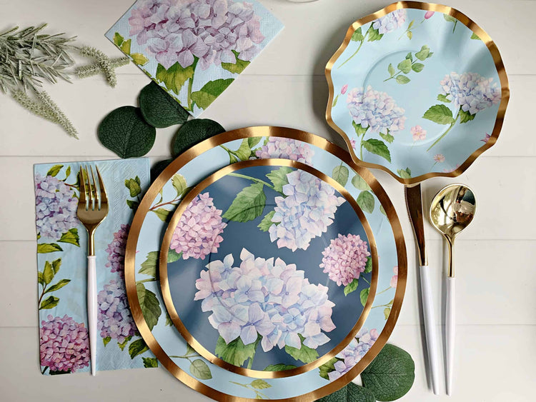 Blue Hydrangea elegant bridal shower party supplies with a gorgeous gold foiled edge. Transform your tabletop into a beautiful display with our blue hydrangea and gold-edged paper tableware. Featuring elegant blue hydrangea blooms and a chic gold rim, thi