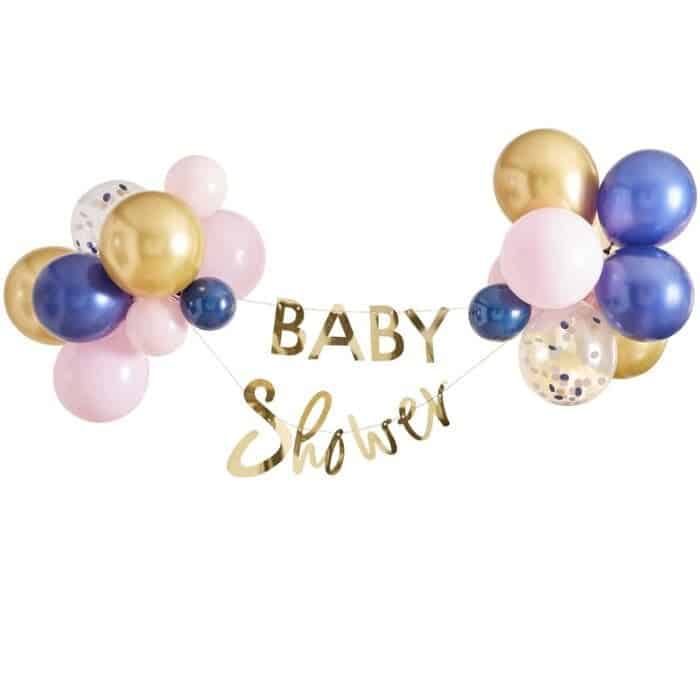 Navy and blush baby shower decorations - balloon garland with gold baby shower bunting included