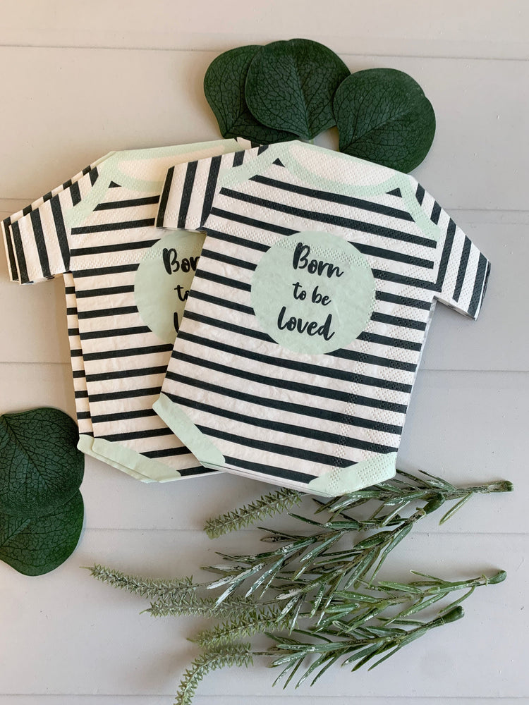 born to be loved onesie napkin in black and mint stripes