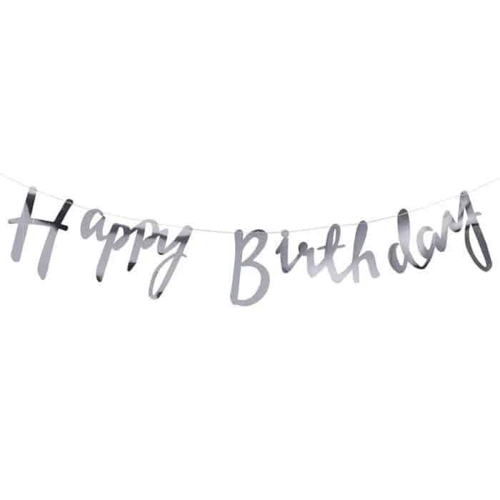 Silver happy birthday banner in pretty script font