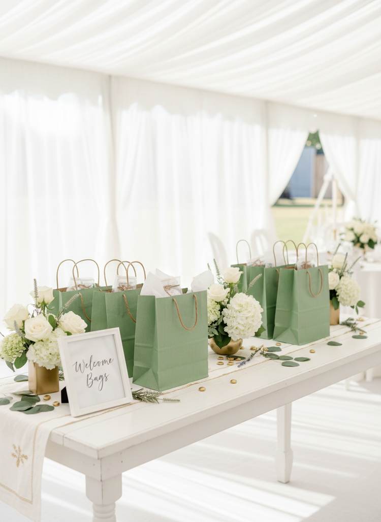 These sage and emerald watercolor eucalyptus greenery paper gift bags are perfect for wrapping favors and gifts. Perfect for a safari baby shower, bridal shower, wedding welcome or other use.