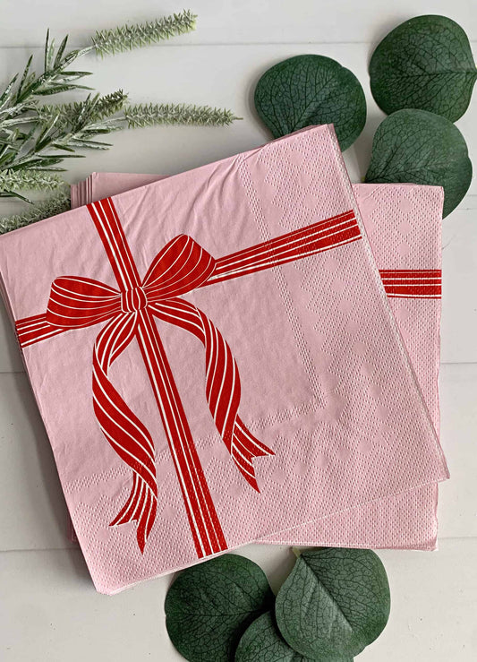Red Bow on Pink Christmas Luncheon Sized Napkins