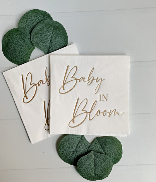 Baby in Bloom Cocktail Napkins - Gold Foil White Floral Baby Shower Spring Garden Party