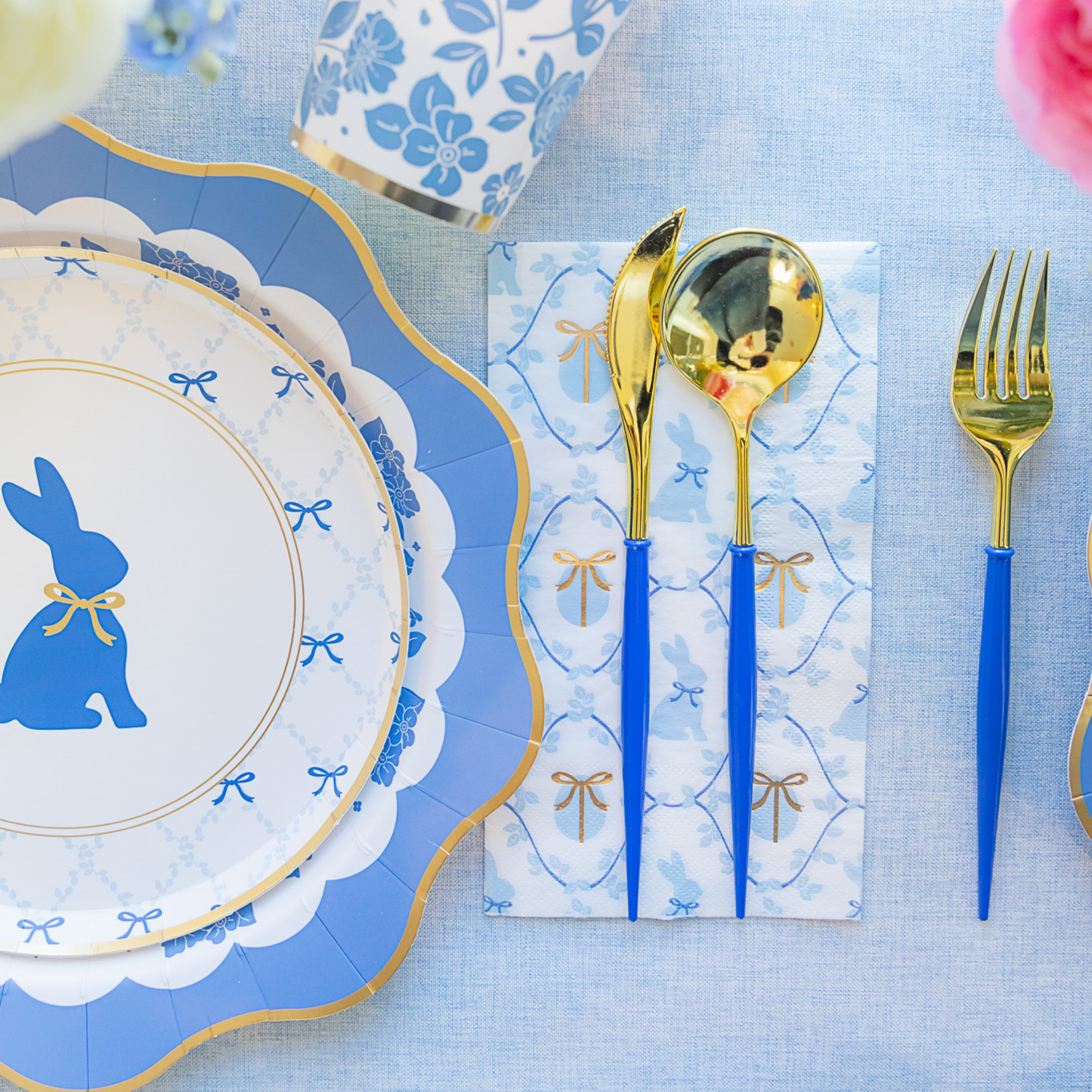 Easter Bunny Paper Dinner Napkins - Blue Eggs & Gold Bow Guest Towels Set of 20