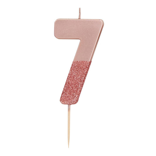 Number 7 Birthday Candle - Rose Gold Glitter | Cake Topper
