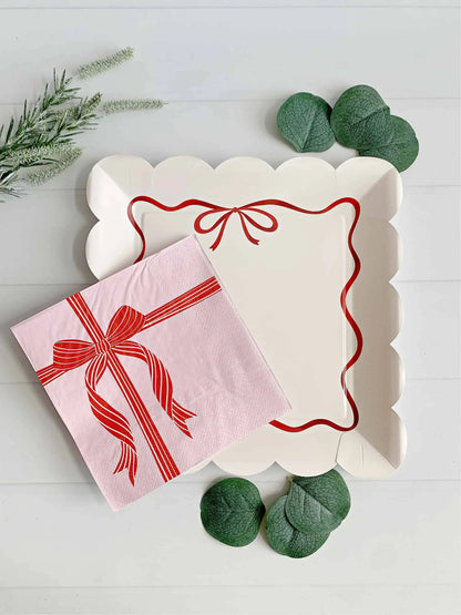 Red Bow on Pink Christmas Luncheon Sized Napkins
