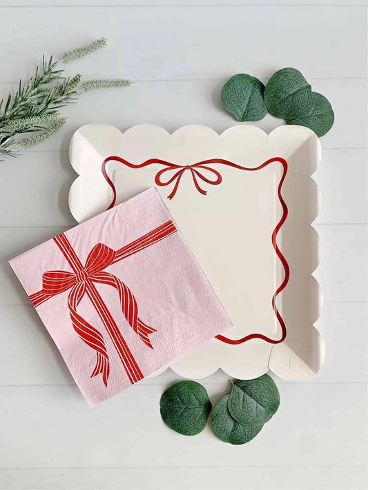 Red Bow on Pink Christmas Luncheon Sized Napkins