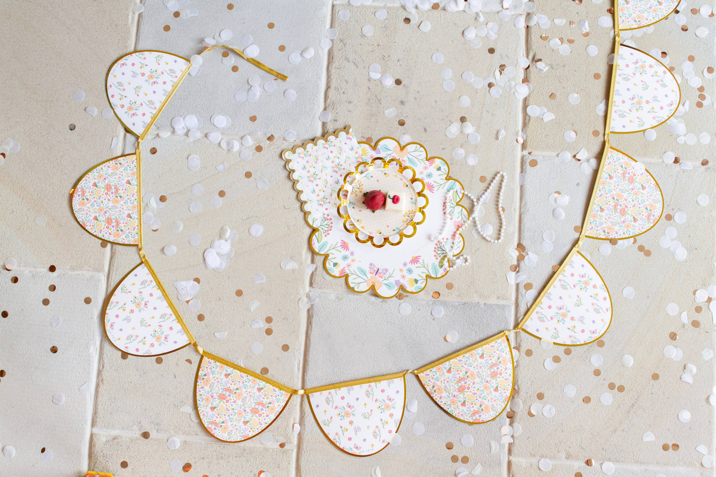 Tea Party Scalloped Garland Banner - Peach Floral Wall Decoration for Bridal Showers