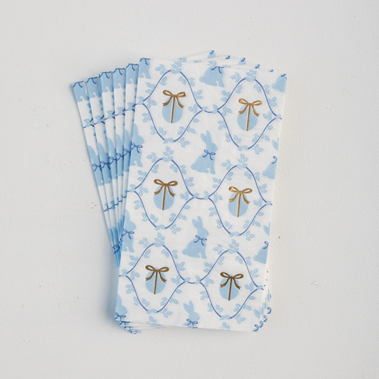 Easter Bunny Paper Dinner Napkins - Blue Eggs & Gold Bow Guest Towels Set of 20