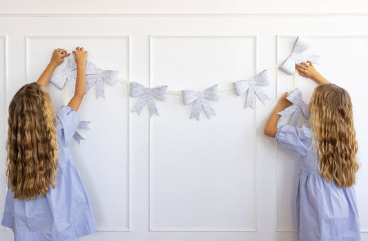 French Blue Floral Bow Garland - 7ft Paper Banner for Baby Showers & Tea Parties