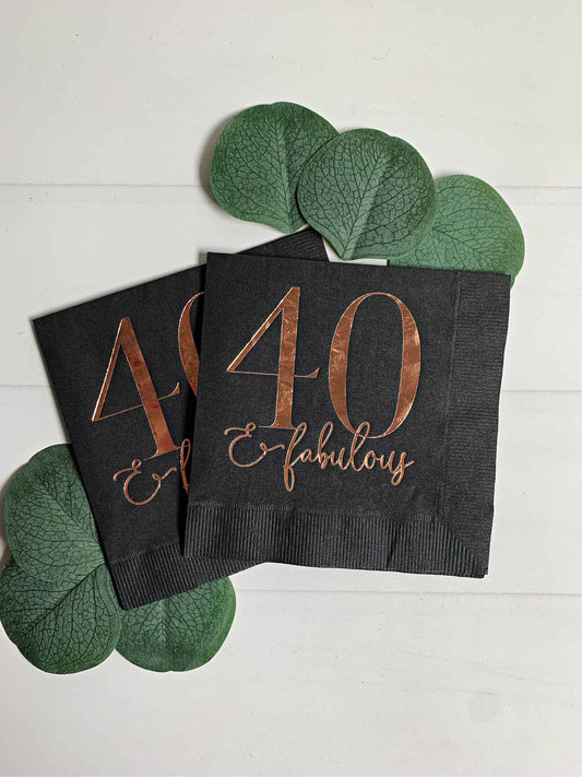 Use these stunning rose gold foiled 40 and fabulous black cocktail napkins at your 40th birthday party. Perfect to celebrate a 40th birthday milestone!  