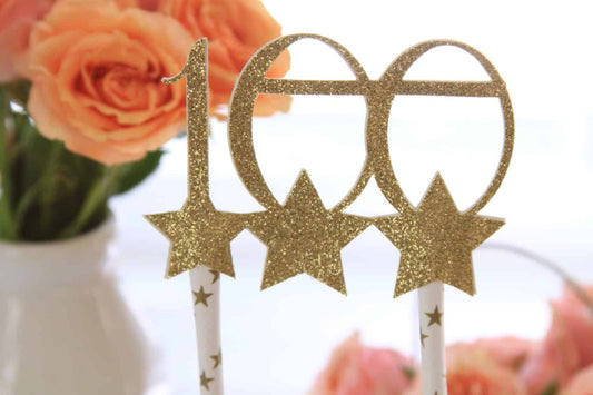 100th birthday cake topper. Gold glitter cake topper for a baby 100th day celebration