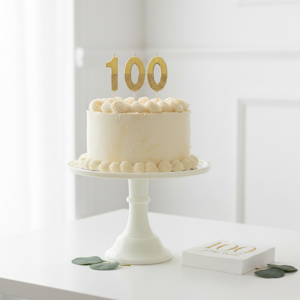 100th birthday cake with cream cake stand and 100 Years Loved napkins