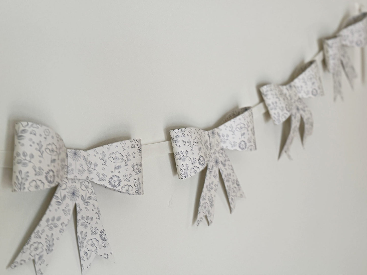 French Blue Floral Bow Garland - 7ft Paper Banner for Baby Showers & Tea Parties