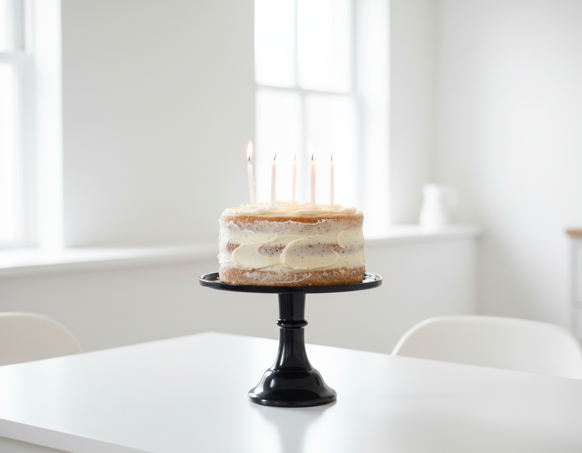 11.5 Inch Black Melamine Cake Stand with Realistic Cake and White Candles