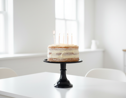 11.5 Inch Black Melamine Cake Stand with Realistic Cake and White Candles