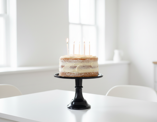 11.5 Inch Black Melamine Cake Stand with Realistic Cake and White Candles