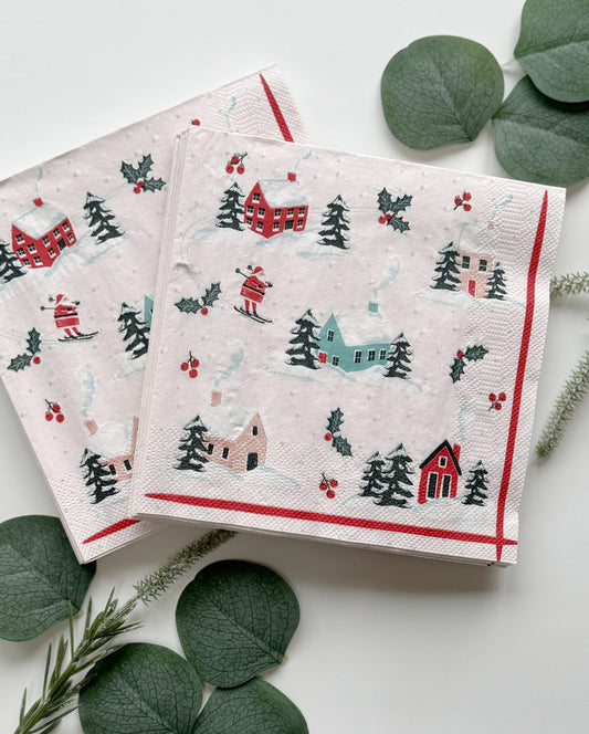 Winter Skiier Village Luncheon Napkins