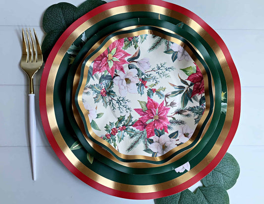 Emerald Green Wavy Dinner Plates with Poinsettia Floral - 8 Pack