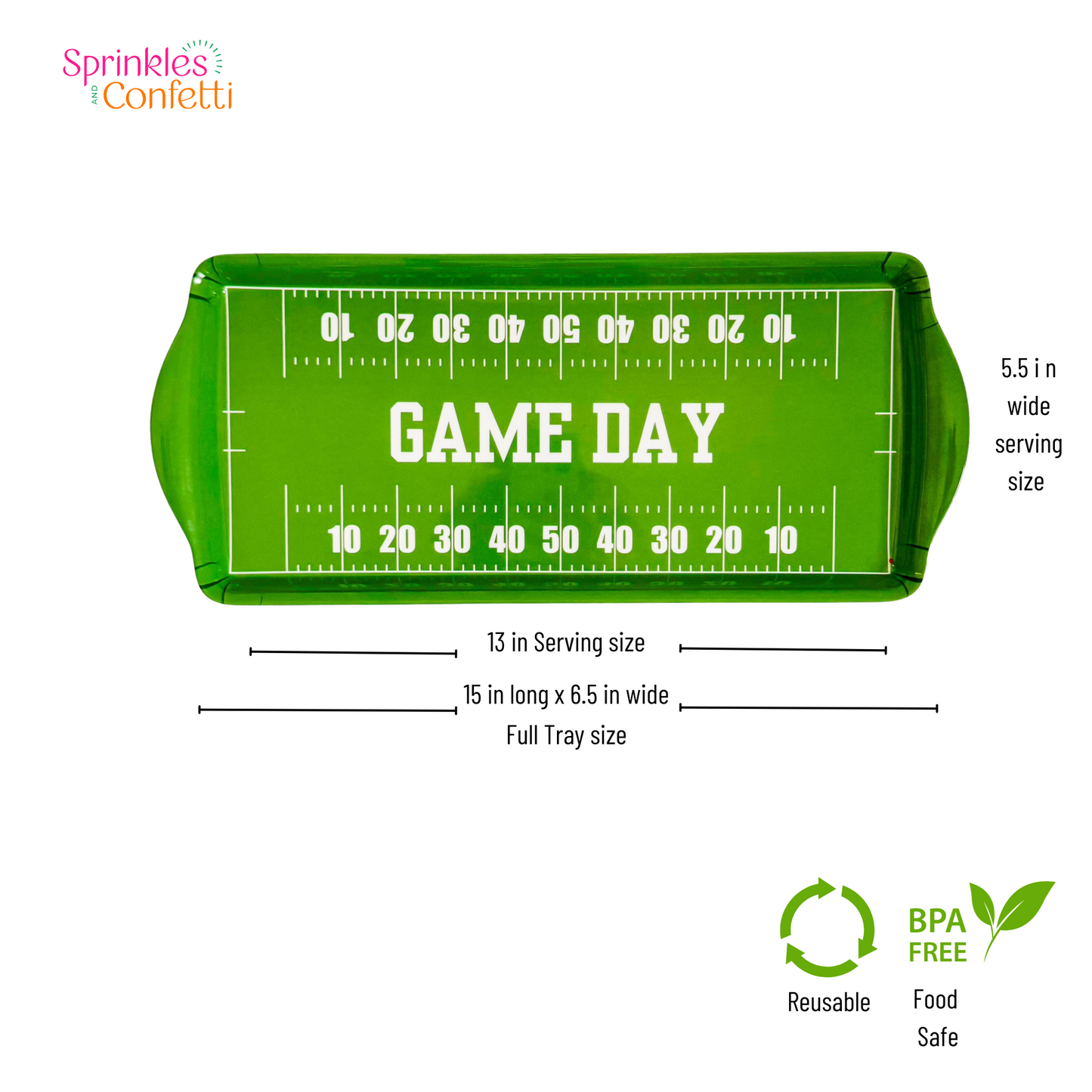 Green Football Game Day Melamine Serving Tray — Appetizer & Tailgate Platter