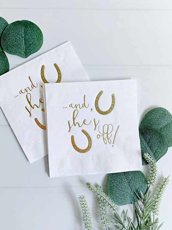 And She's Off Derby Napkins - Luxury Party Supplies Gold Foil White
