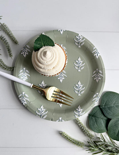 Sage Green Floral Block Print Paper Plates - Premium Party Plates
