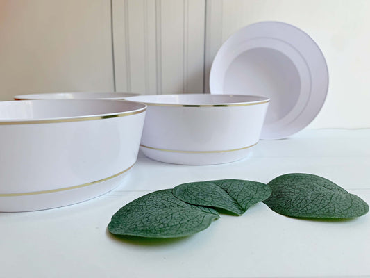 White Plastic Bowls with Gold Rim 14 oz - Premium Party Bowls 10 Pack