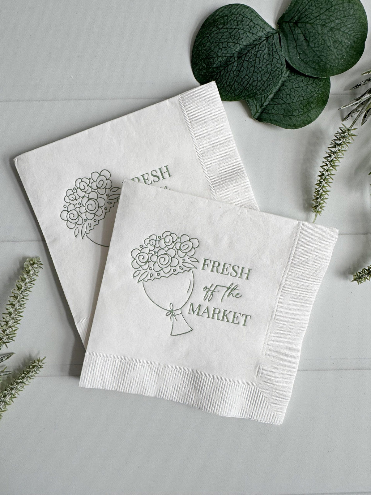 
    Fresh Off the Market Bridal Shower Cocktail Napkins - Sage &amp; White, the designer-recommended anchor napkin for the Fresh Off the Market Bridal Shower - Farmers Market Garden Theme collection
  