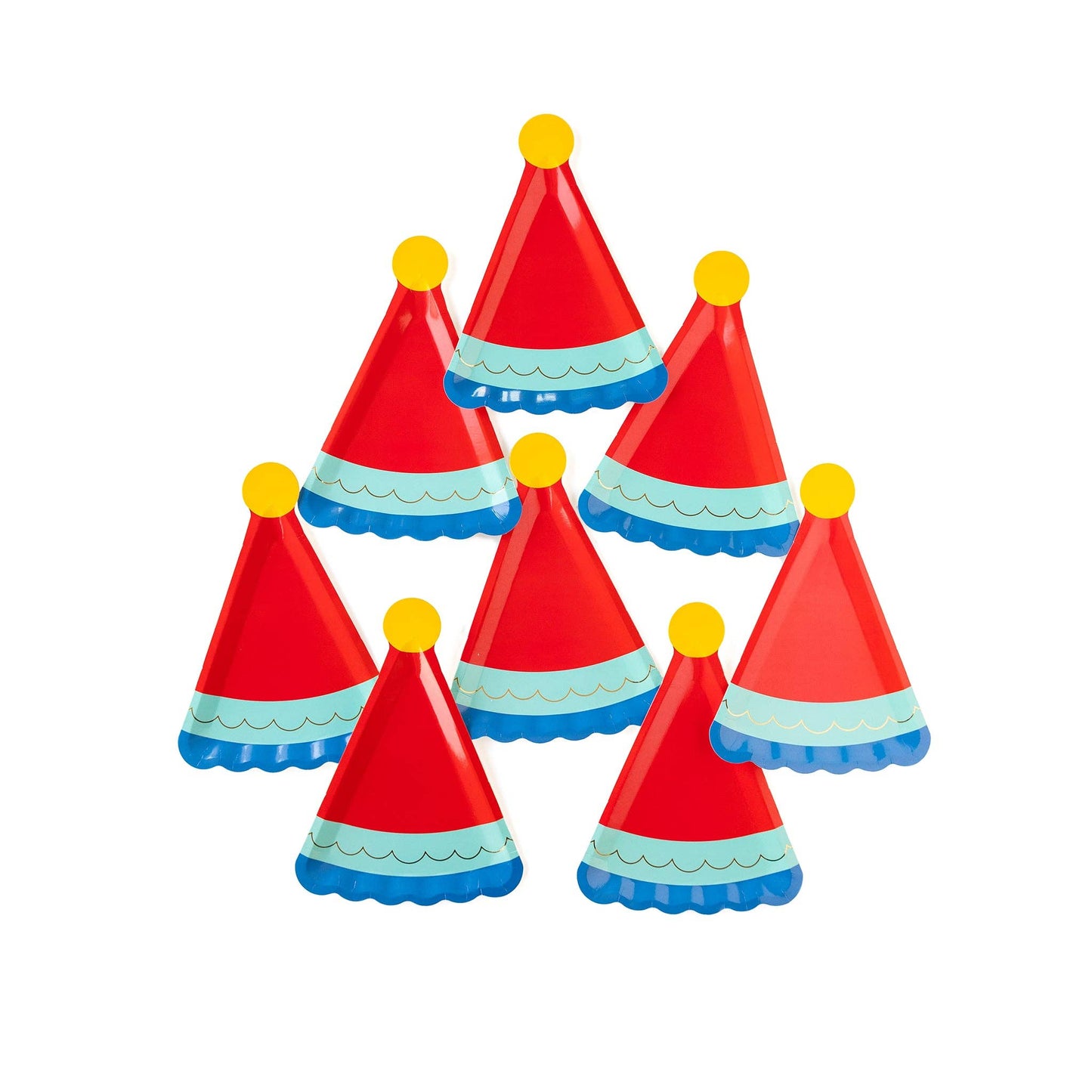 Party Hat Shaped Plates - Red & Blue Birthday Cake Plates with Gold Foil