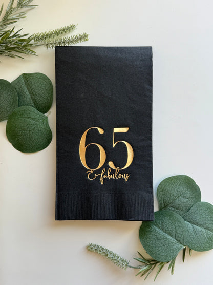 65th Birthday Napkins - 65 & Fabulous Gold Foil on Black - Set of 16 Dinner Napkins
